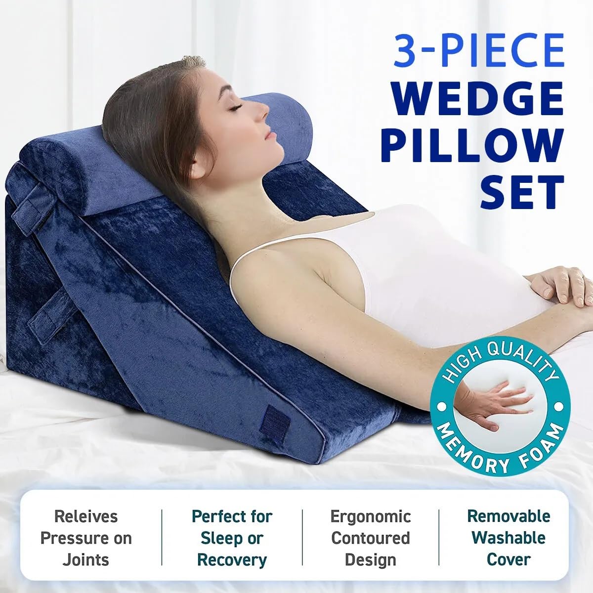 High Density Bed Wedge Pillow, Head Rest Adjustable Wedge Cushion For Sleeping, Navy Blue | For Acid Reflux, Leg Support Pillow | For Back Support Cushion, Pregnancy Pillow, Multipurpose Use