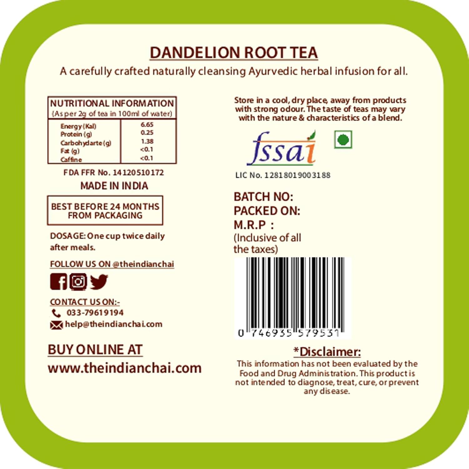 The Indian Chai Dandelion Root Tea For Detox - 50gm Tin, 1.7 Ounce | Improves Kidney Function & Digestive Health - Caffeine Free Super-Herb Loose Leaves