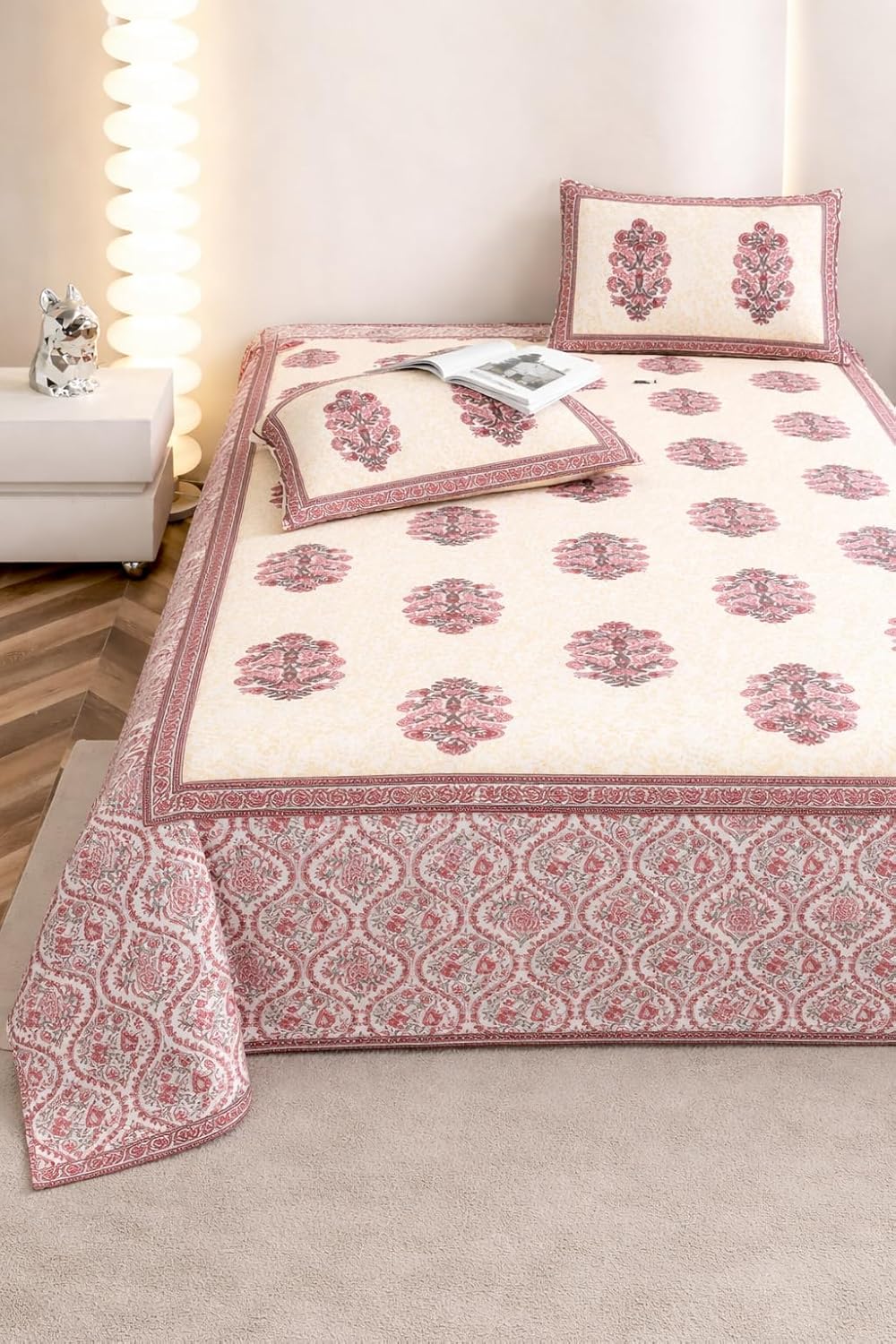 Jaipuri Cotton Bedsheet For King Size With 2 Pillow Covers | 90 X 108 Inches, Cream & Red | Ultra-Soft & Skin-Safe | Breathable Summer Comfort