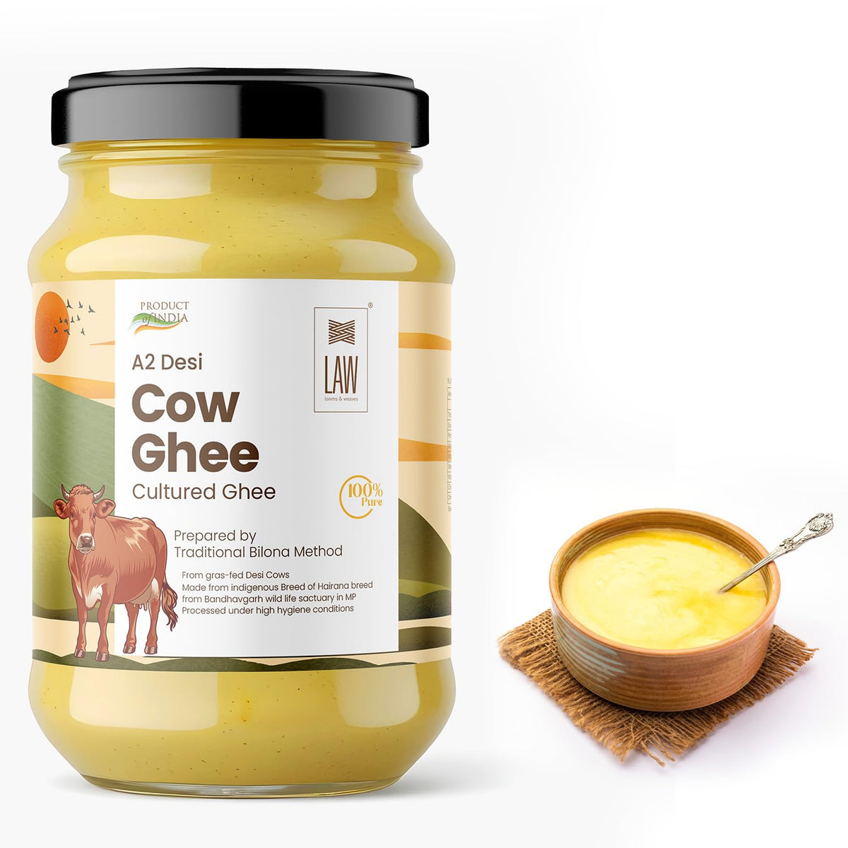 Organic A2 Desi Cow Ghee By Looms & Weaves | Natural & Healthy Fragrance Belona Cow Ghee Perfect For Baking, Frying | (250ml) 8.4 Ounce | Jar Pack