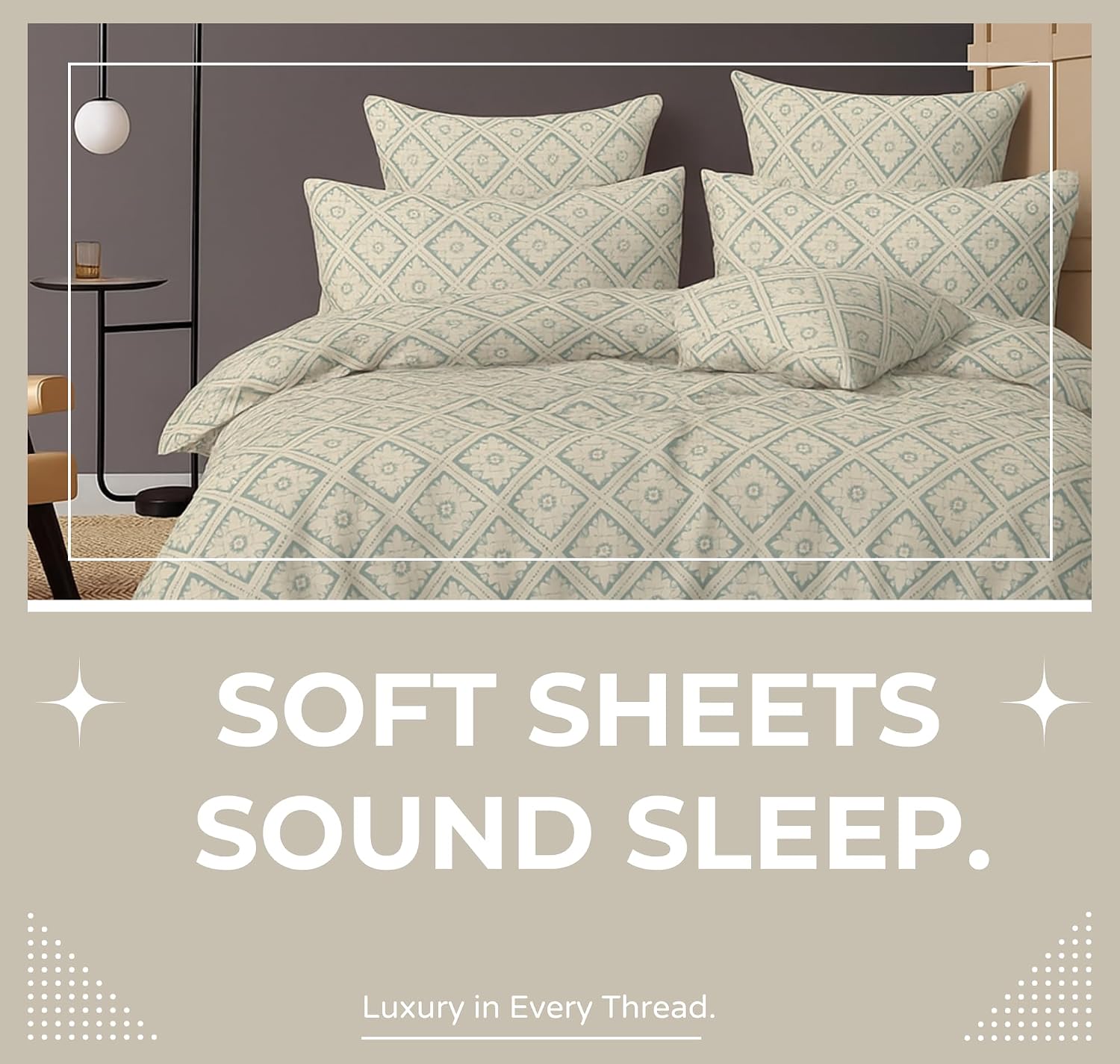 Cotton Double Bedsheets King Size With 2 Pillow Covers | Size 78 X 72+10 Inches, White & Green - All Around Elastic Fitted Design Bedsheet
