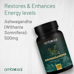 Ambrosial Ashwagandha 500mg Herbal Supplement 100% Natural & Vegan High Strength, Immunity Support, Improves Blood Flow & Reduces Cortisol Levels | 120 Capsules 200gm 0.4lbs