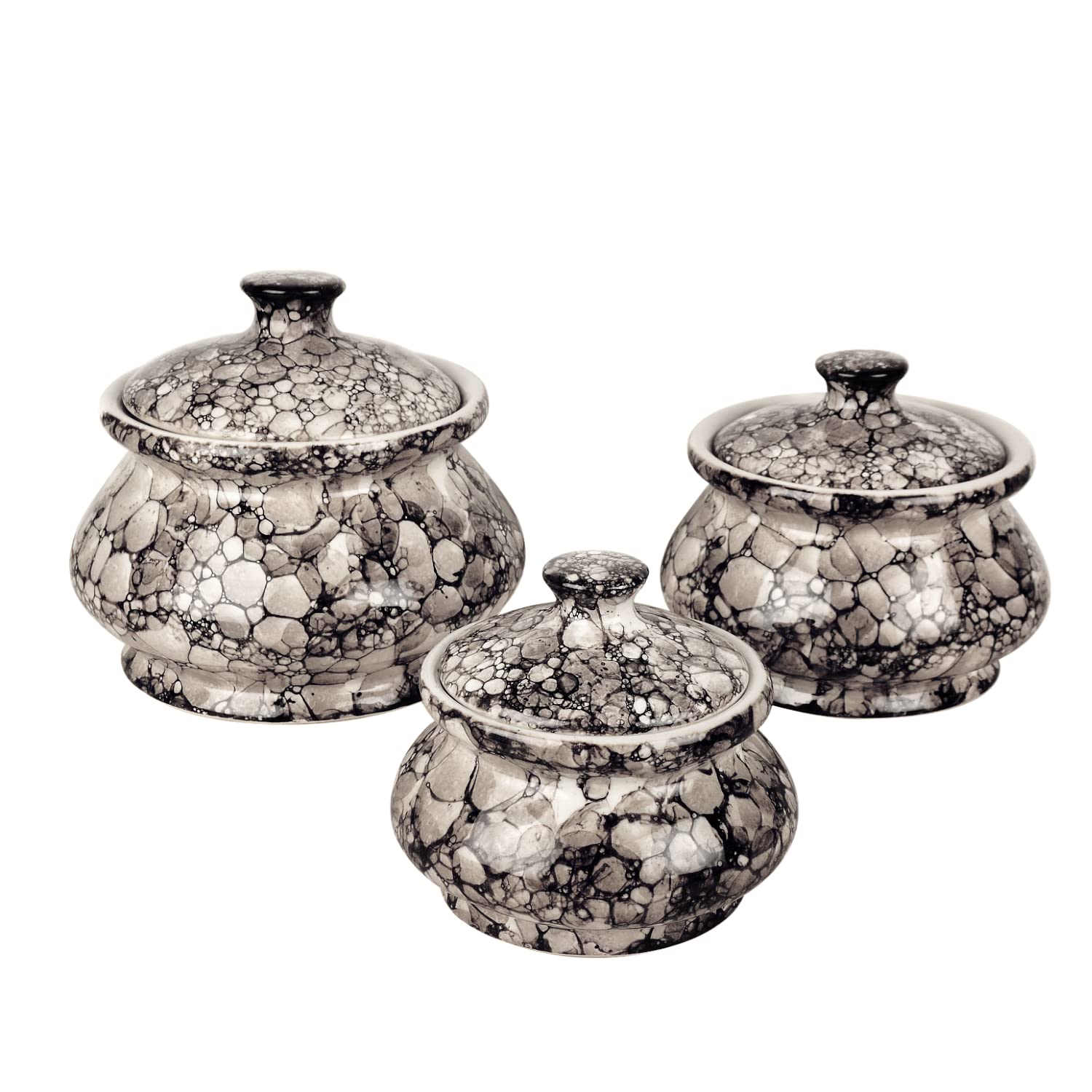 Hand Painted Ceramic Handi Set With Lid, Set Of 3 - Grey Luster | Dinner Serving Bowls | Biryani Handi, Serving Pots Bowls - Biryani Handi, Serving Pots