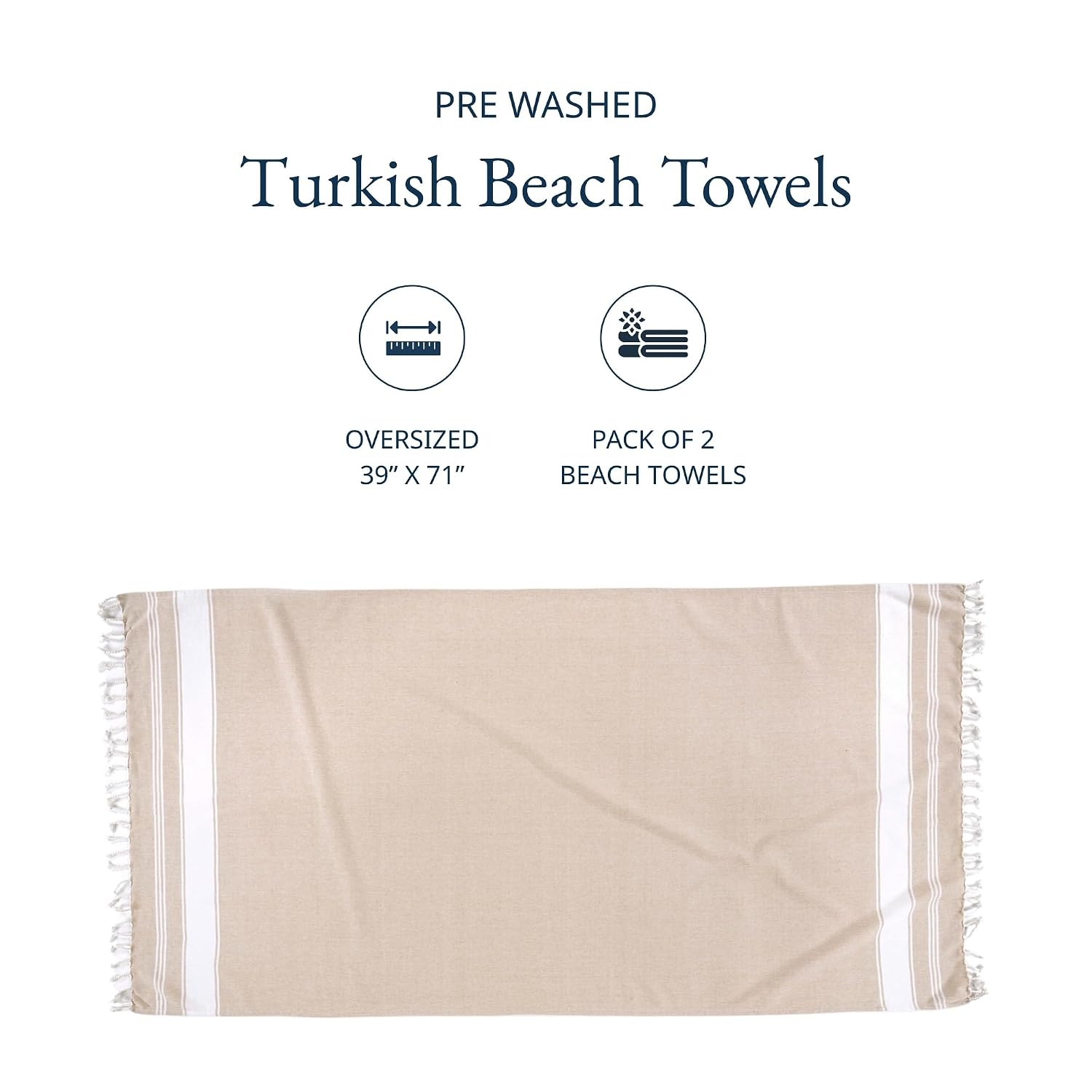 Lane Linen Oversized Beach Turkish Towel 699 Gsm | Lightweight Quick Dry Absorbent & Sand Proof Pool Towels - Beige (2 Pack)