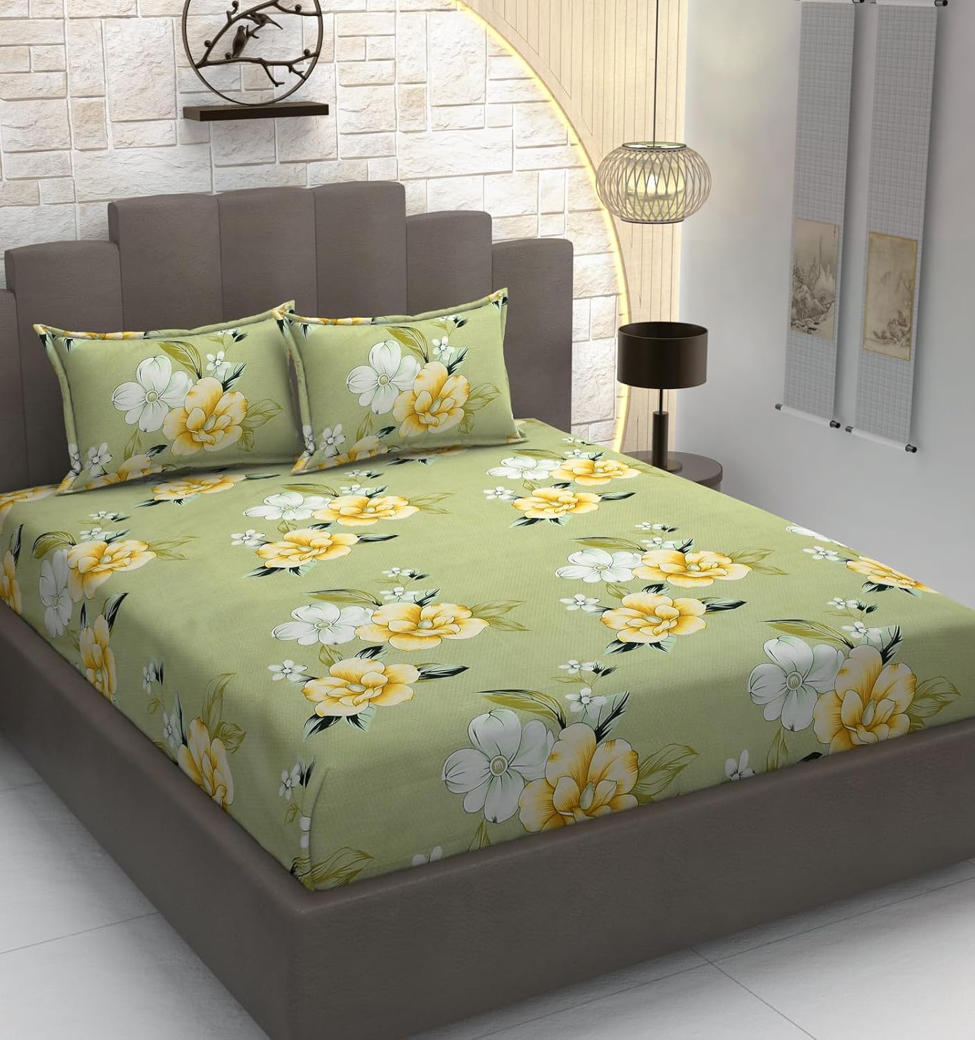 Heavy Cotton Elastic Fitted Bedsheet For King Size With 2 Matching Pillow Covers - 72 X 78 X 10 Inch, Light Green | Super Soft Breathable & Wrinkle Free
