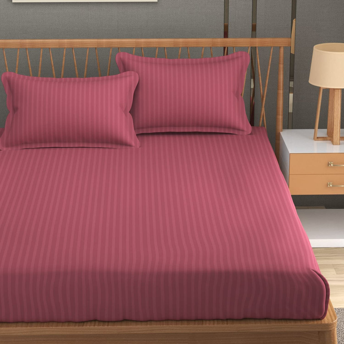 Stripe Glace Cotton 1 Double Bedsheet With 2 Pillow Cover - 91 X 90 Inches, Pink | Fade Resistant & Durable Breathable & Wrinkle Free Bed Sheet