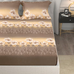 Cotton Elastic Fitted Double Bedsheet For King Size With 2 Pillow Covers - 78 X 72 + 8 Inches, Brown & Cream | Soft Wrinkle Free & Breathable Elastic Bedsheets For King Size Bed