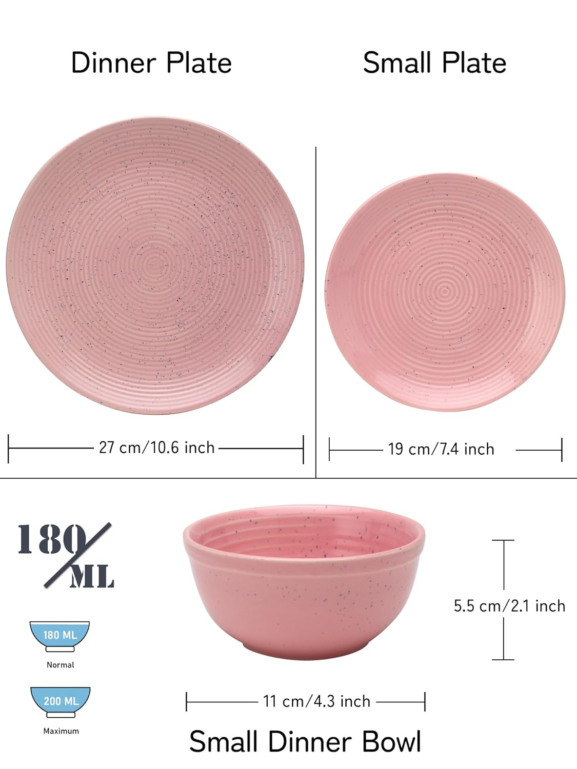 Handcrafted Ceramic Stoneware Dinner Set - Pack Of 12, Blush Pink | 4 Dinner Plates, 10.6 Inch Each + 4 Small Plates, 7.4 Inch Each+ 4 Small Dinner Bowl, 180ml Each - Microwave & Dishwasher Safe