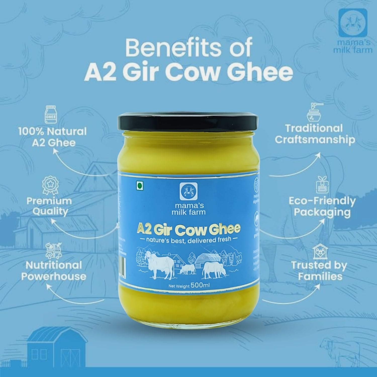 Pure Premium A2 Gir Cow Ghee By Mama'S Milk Farm | High In Protein Fiber Healthy Desi Ghee Good For Halwa & Cookies Frying | (500ml) 16.9 Ounce | Jar Pack