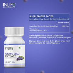 Inlife Grape Seed Extract Proanthocyanidins 95% Antioxidant, 400mg | 60 Vegetarian Capsules 100gm 0.2lbs Each Pack Of 4