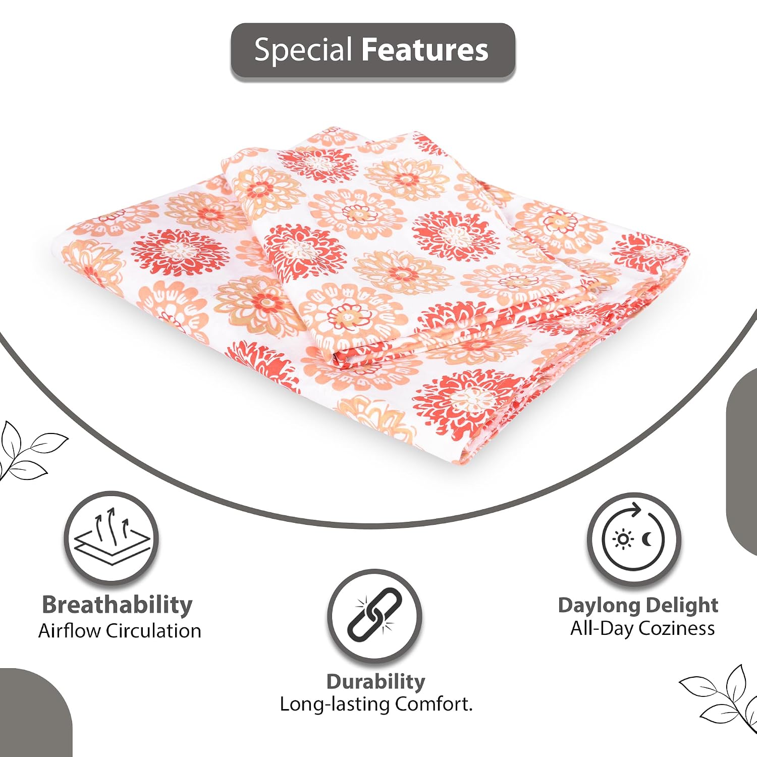 King Size Double Bedsheet With 2 Pillow Covers - 108 X 108 Inches, White & Red Orange | Soft & Durable For Everyday Use - All Season Comfort