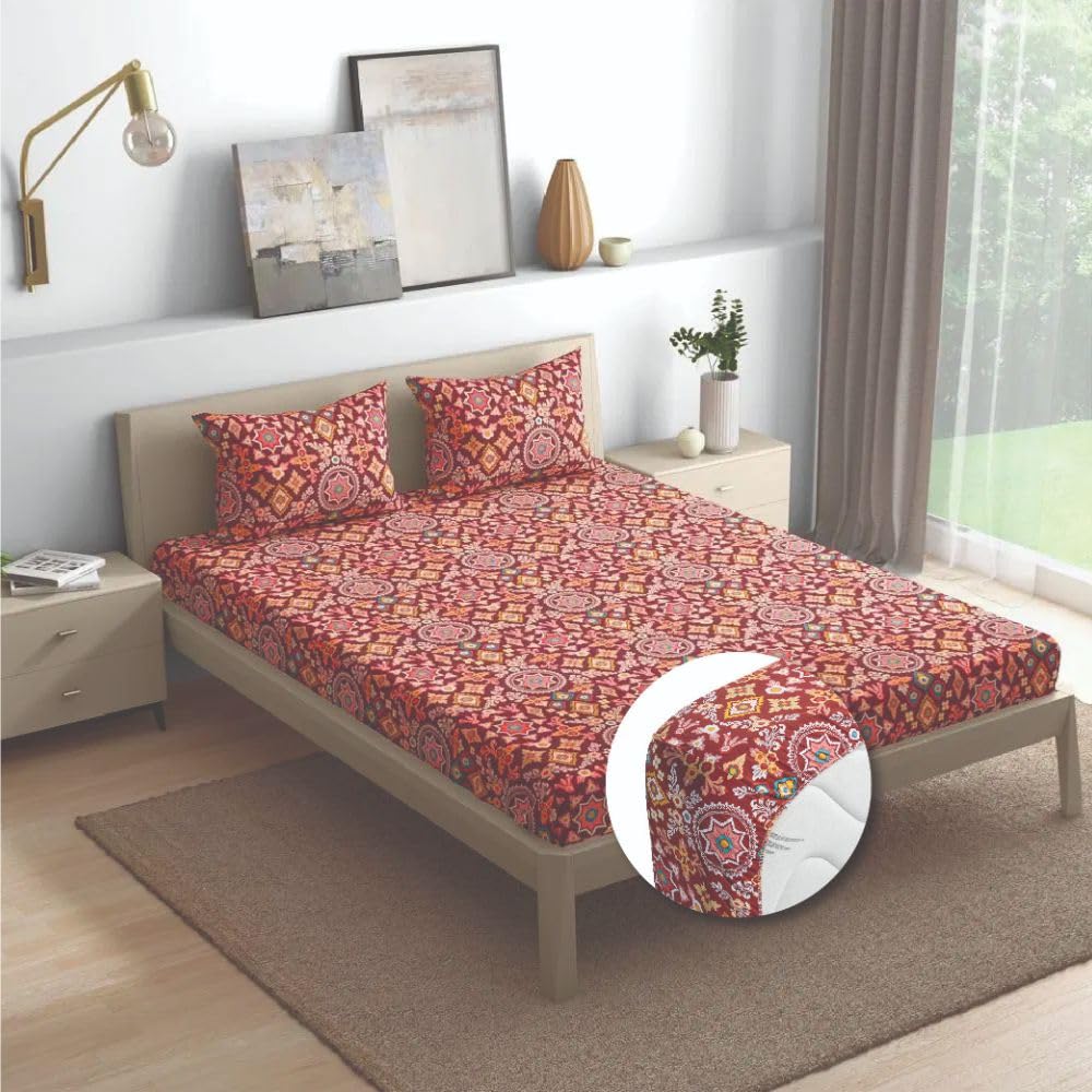 100% Cotton Double Bedsheet For Queen Size With 2 Pillow Covers 72 X 60 Inches, Brown | Durable & Long Lasting - All Around Elastic Fitted Sheet