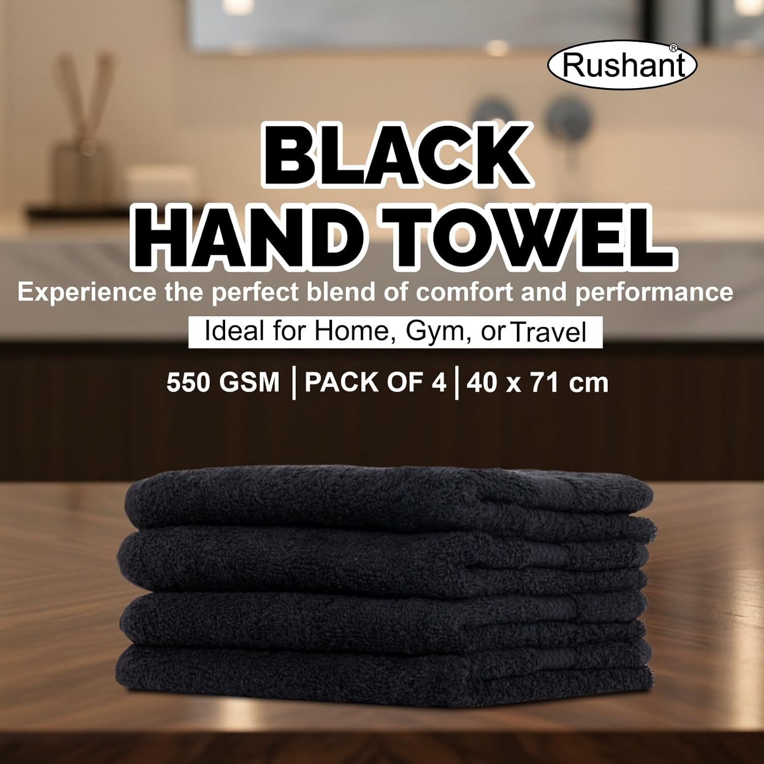 Rushant 100% Combed Cotton Hand Towels 600 Gsm | Ultra Soft, Quick Dry & Super Absorbent For Home, Gym & Travel (Black) - Set Of 4