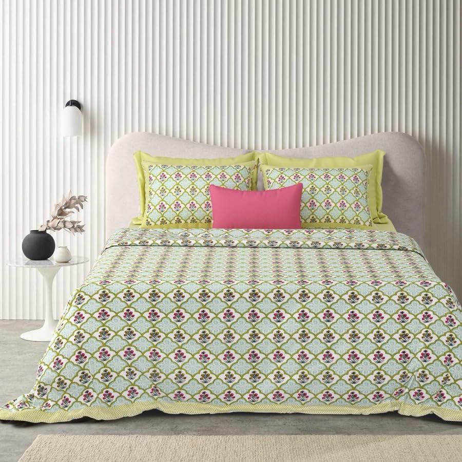 Double Bedsheet For King Size With 2 Matching Pillow Covers (90 X 108 Inches) Green & Pink | Pure Cotton Jaipuri Bedsheet | Cotton Bedsheet Is Suitable For All Seasons