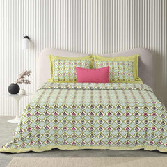Double Bedsheet For King Size With 2 Matching Pillow Covers (90 X 108 Inches) Green & Pink | Pure Cotton Jaipuri Bedsheet | Cotton Bedsheet Is Suitable For All Seasons
