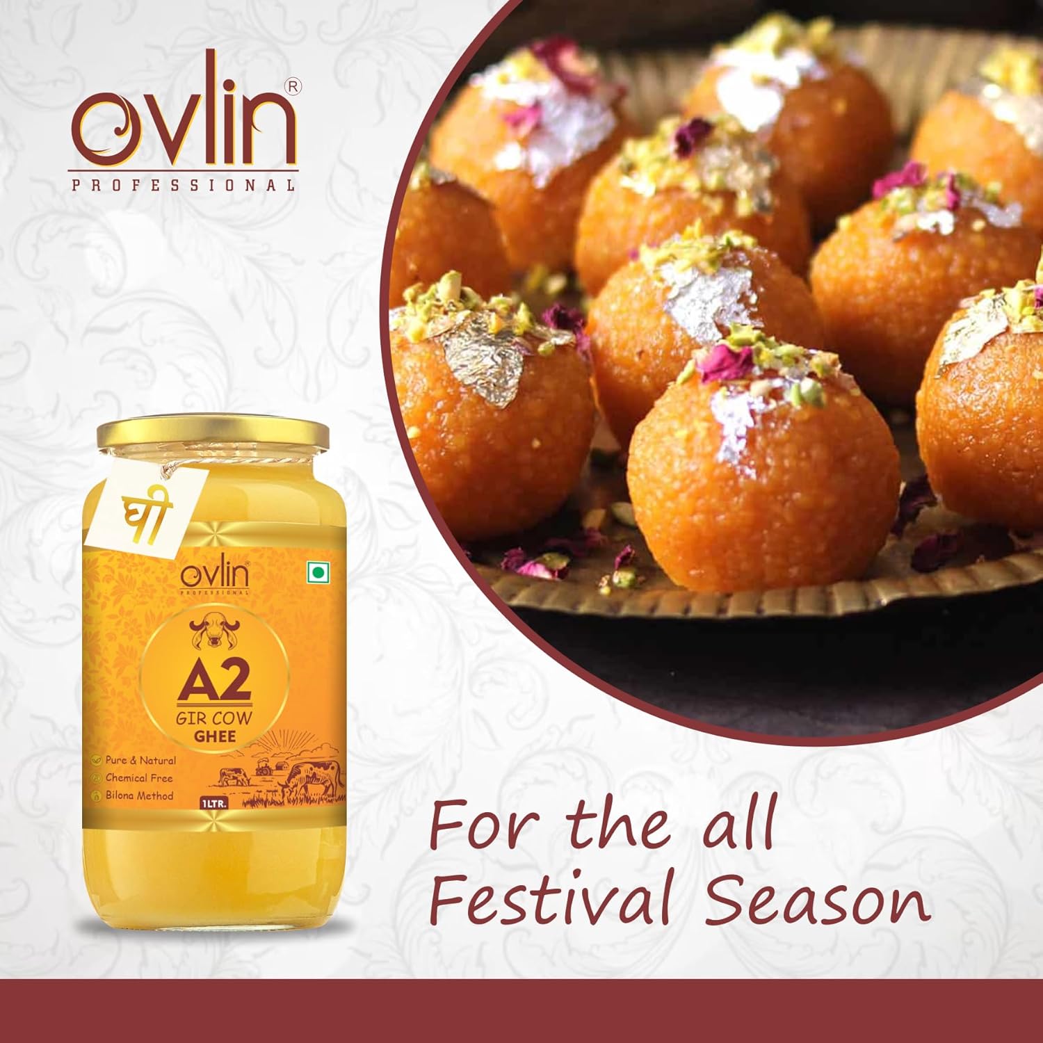 Pure Natural A2 Gir Cow Ghee By Ovlin Professional | Rich In Nutrients & Vitamins Healthy Desi Ghee Good For Baking | 2 Litre (1 Litr * 2) 67.6 Ounce | Jar Pack