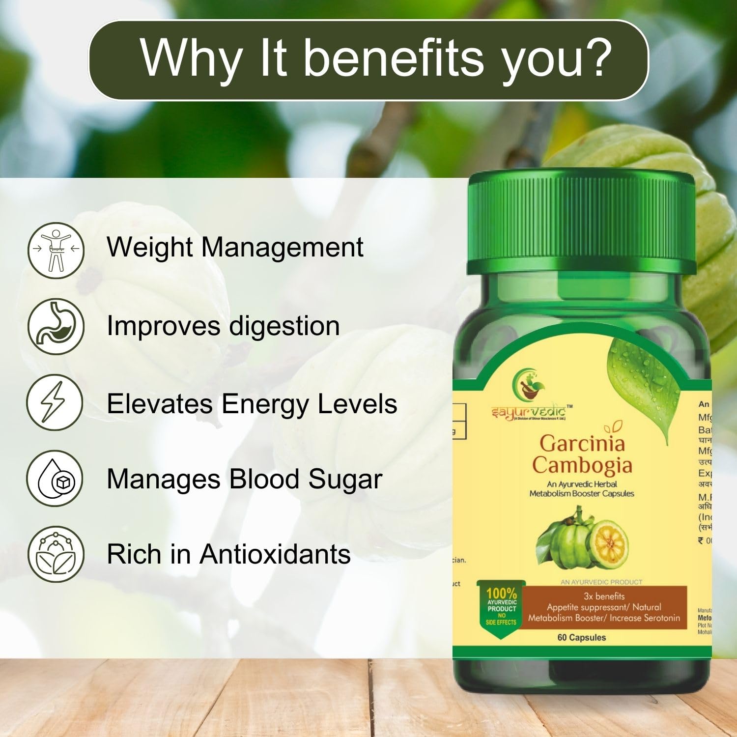 Sayurvedic Garcinia Cambogia Metabolism Booster, For Weight Loss, Improves Digestion, Maintaining Energy Levels & Overall Well - Being. For Men & Women | 60 Capsules 100gm 0.2lbs