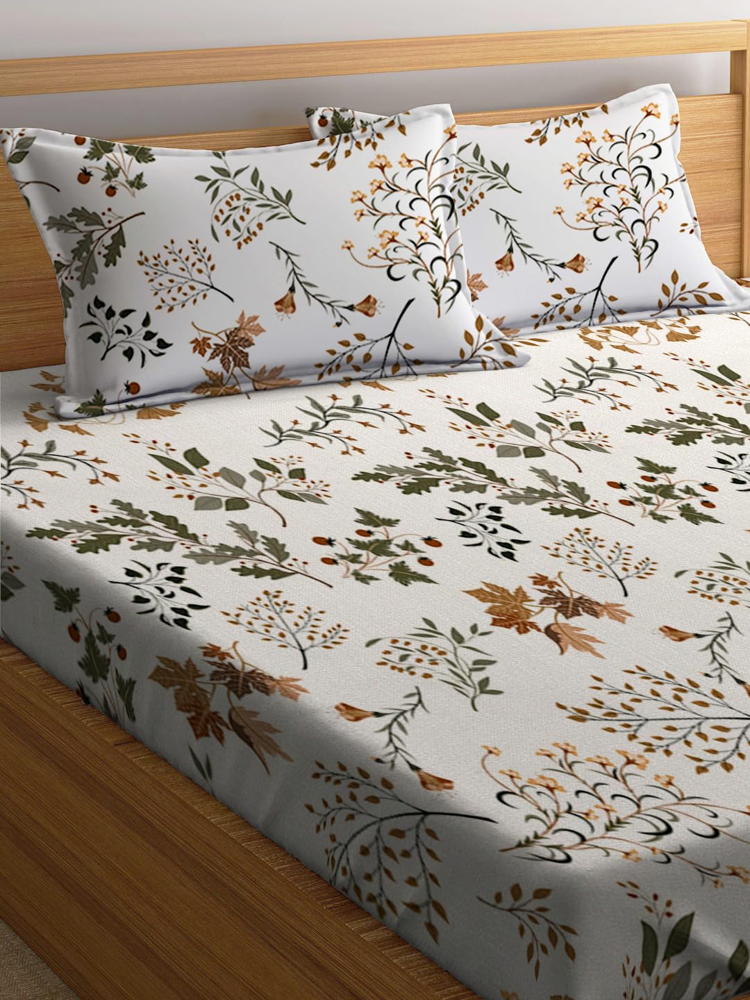Double Bed Bedsheet With 2 Pillow Covers - 72 X 78 X 10 Inches, White & Brown | Elastic Fitted Printed King Size Bedsheet | Soft, Breathable & Wrinkle-Free