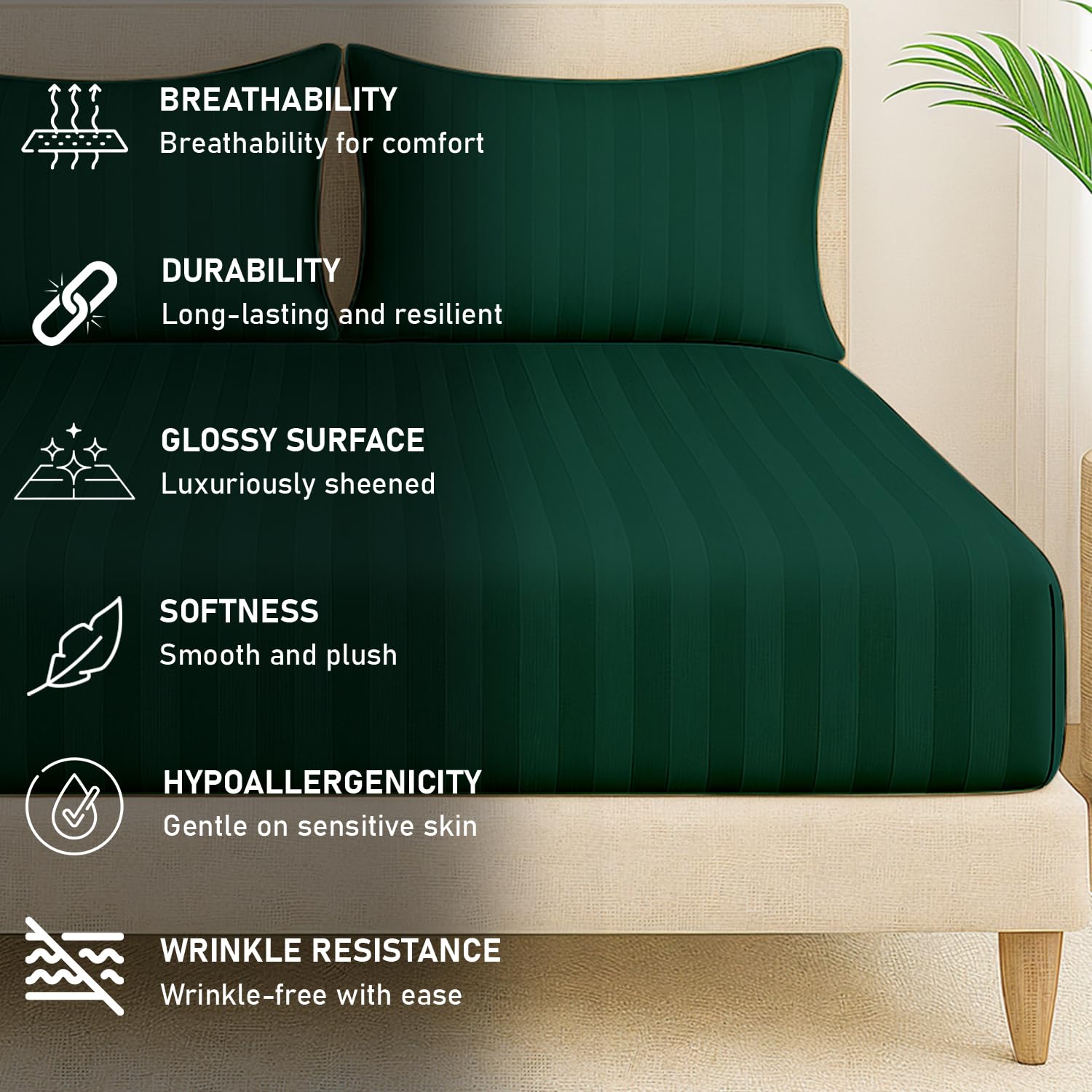 Elastic Fitted Bedsheet For Queen Size With 2 Pillow Covers | 60 X 78 Inches, Deep Green - Soft & Comfortable Ideal For Guest Room, Hotel