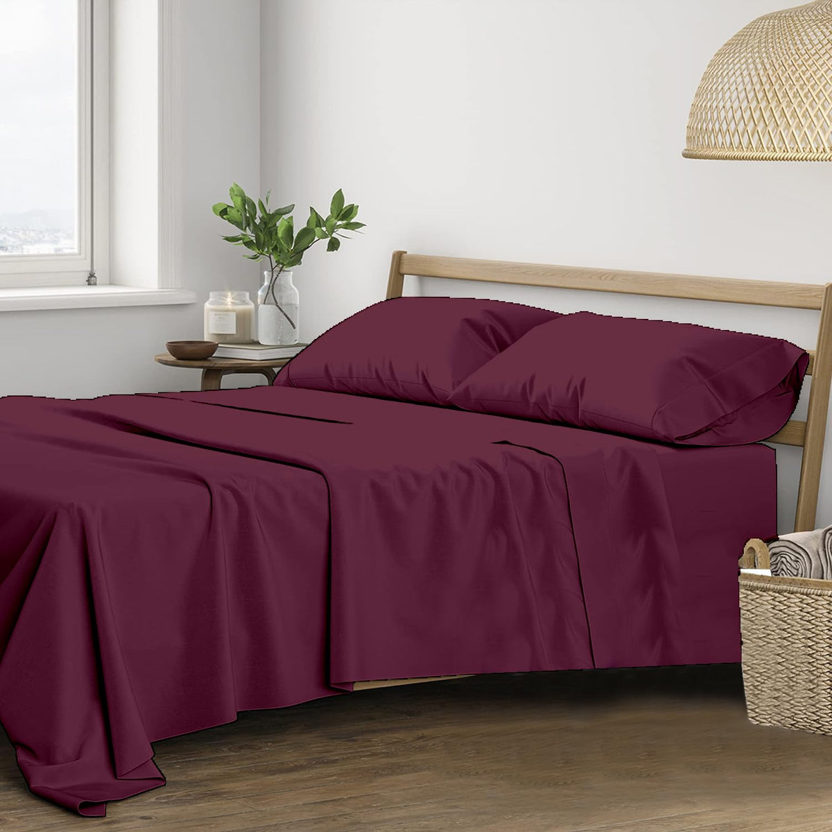 100% Cotton Plain King Size Bedsheet With 2 Pillow Covers | 108 X 108 Inches, Deep Wine | Breathable & Skin Friendly - Soft & Durable For Everyday Use & Bedroom