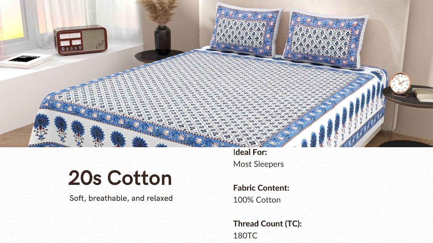 Jaipuri Cotton Bedsheet For King Size With 2 Pillow Covers | 90 X 108 Inches, White & Blue | Ultra-Soft & Skin-Safe | Breathable Summer Comfort