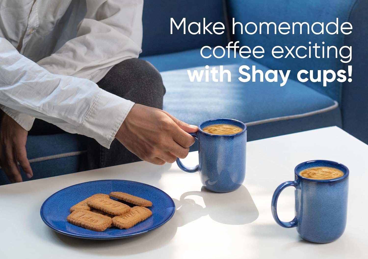Large Ceramic Coffee Mug Set Of 2 - Blue Reactive, 400ml Each | Ceramic Tall Curvy Mug With Glossy Finish - Stoneware Mug For Coffee | Ceramic Coffee Mug - Microwave Safe & Dishwasher Safe