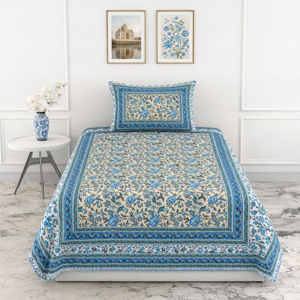 Soft Cotton Single Size Bedsheet With 1 Pillow Cover - 60 X 90 Inches, Cream & Blue | Durable For Everyday Use - All Season Comfort