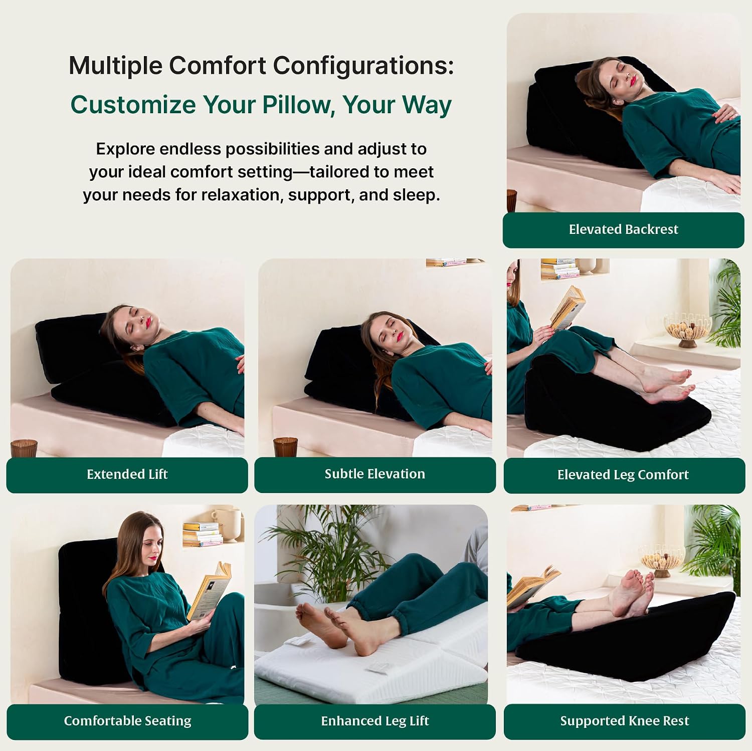 Orthopedic Memory Foam Pillow, Extra Large Adjustable Bed Wedge Pillow, Black | For Back Support, Pregnancy, Sleeping, Acid Reflux, Leg Support & Elevation, Reading With Removable Cover