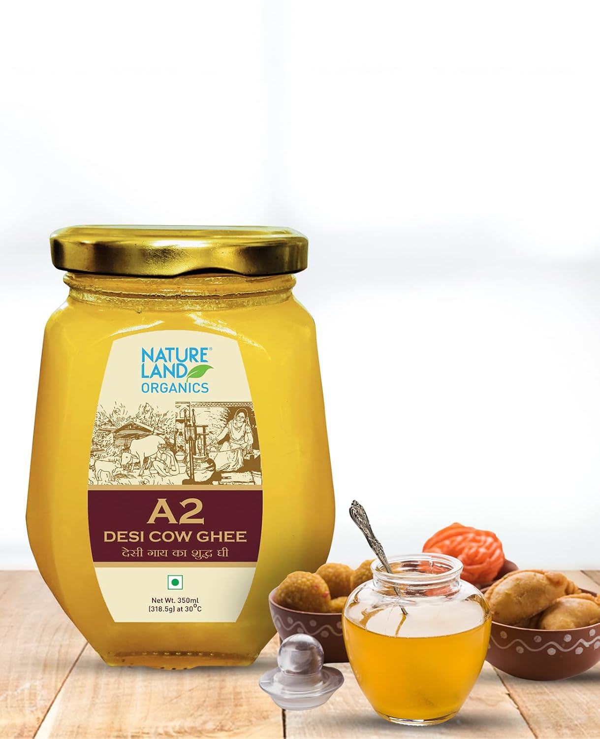 Natural A2 Desi Cow Ghee By Natureland Organics | Delicious & Nutritious Healthy Desi Cow Ghee Good For Enhances Brain Function | (350ml) 11.8 Ounce | Jar Pack