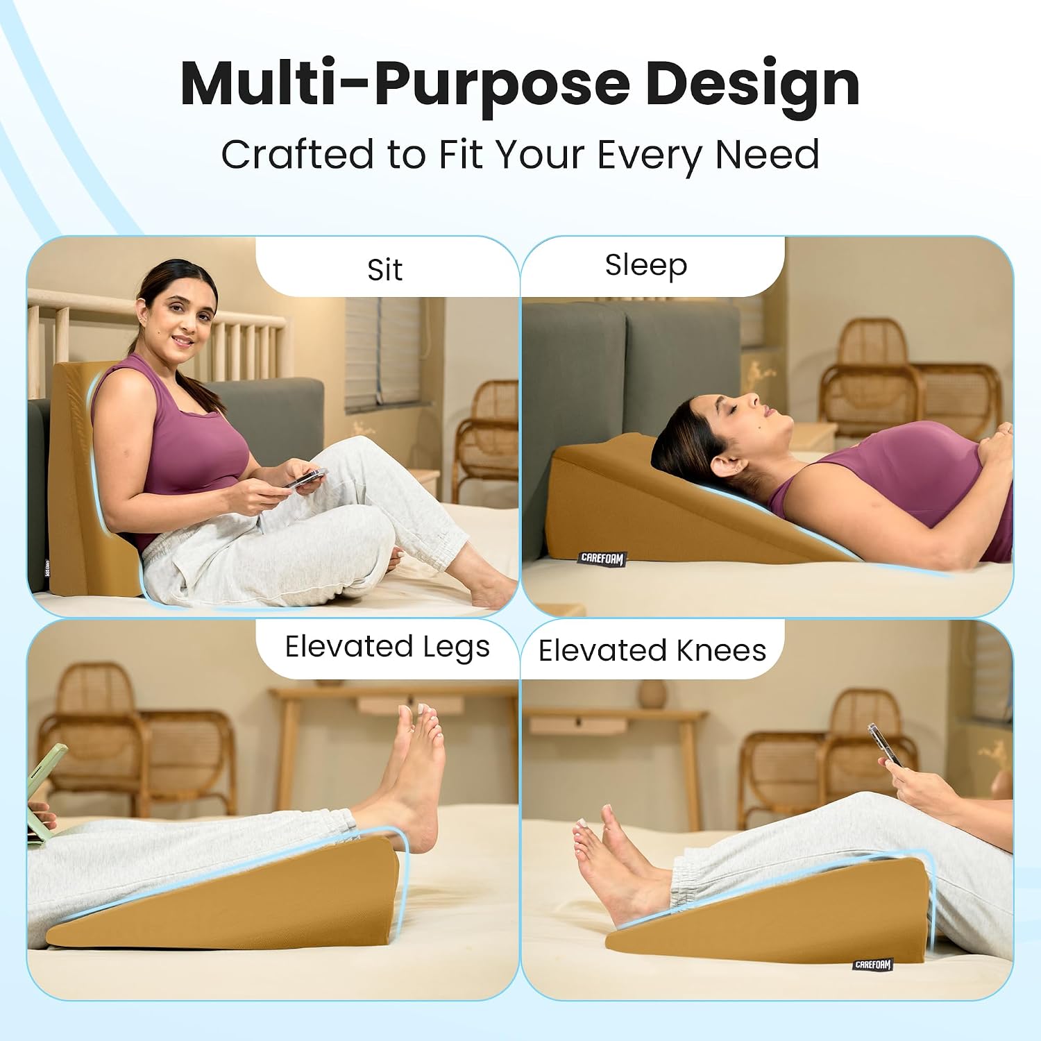 Wedge Pillow Memory Foam For Back Support, Tan, Wedge Medium Size - 20 X 20 X 7 Inch | Wedge Cushion Pillow, Acid Reflux, Snoring, Gerd, Leg Elevation, Pregnancy, Washable Cover