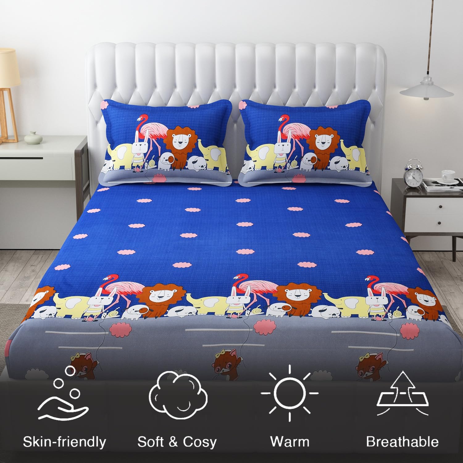 Wrinkle Free Soft Kids Double Bedsheets For King Size With 2 Pillow Cover | 90 X 95 Inches, Blue | Cartoon Printed Design | Child Bedroom Decor