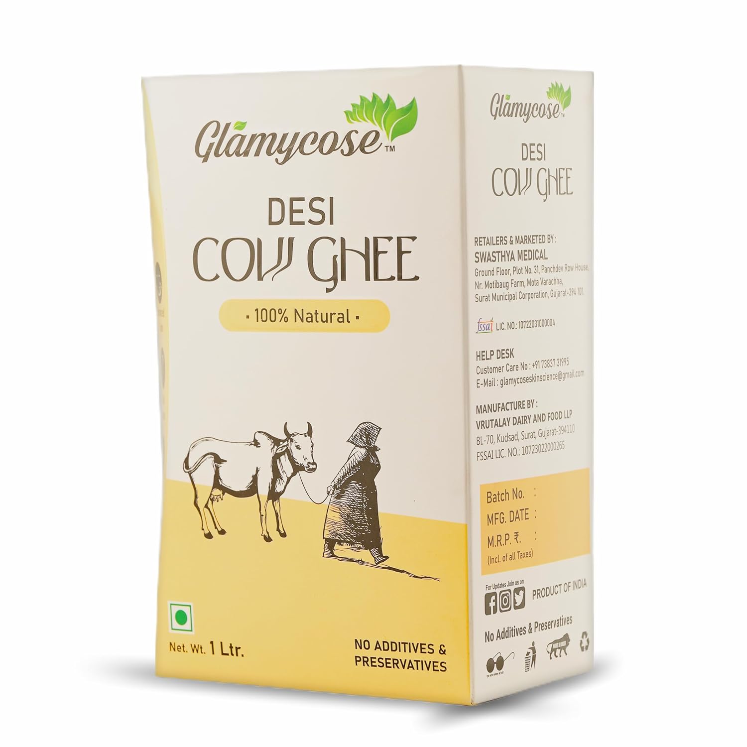 Natural Premium Desi Cow Ghee By Glamycose | High In Protein Fiber Healthy Desi Ghee For Sweets | 2 Litre (1 Litr * 2) 67.6 Ounce | Box Pack