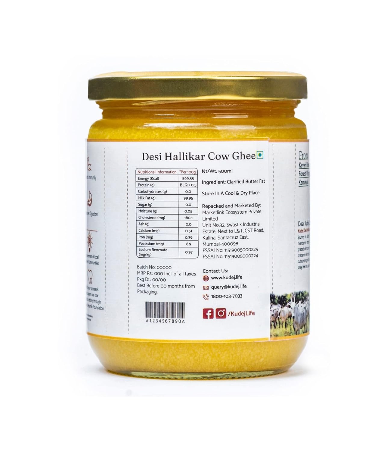 100% Pure Desi Hallikar A2 Cow Ghee By Kudej | Rich In Nutrients Healthy Desi Ghee Helps To Skin & Hair | (500ml) 16.9 Ounce | Jar Pack