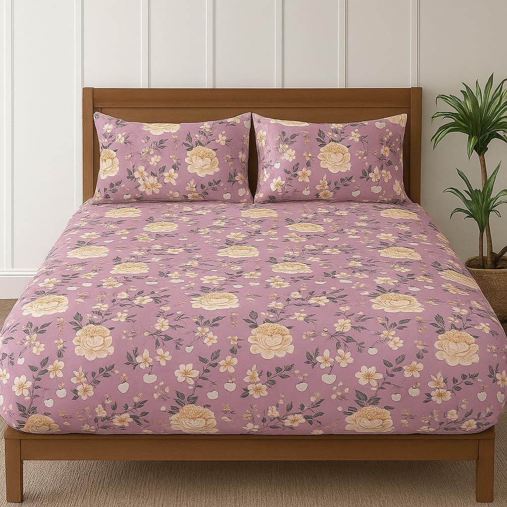Cotton Elastic Fitted Double Bedsheets King Size With 2 Pillow Covers - 72x78+10 Inches, Mistyrose | Luxurious Softness & Breathable Comfort Crafted Bedsheet