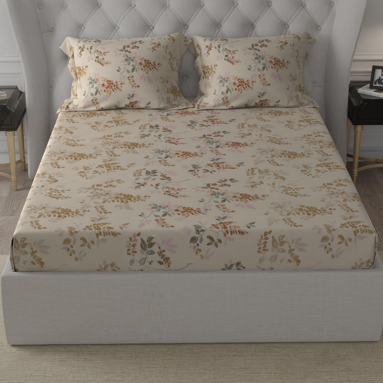 Cotton Elastic Fitted Double Bedsheet For King Size With 2 Pillow Covers - 78 X 72 + 8 Inches, Beige | Soft Wrinkle Free & Breathable Elastic Bedsheets For King Size Bed