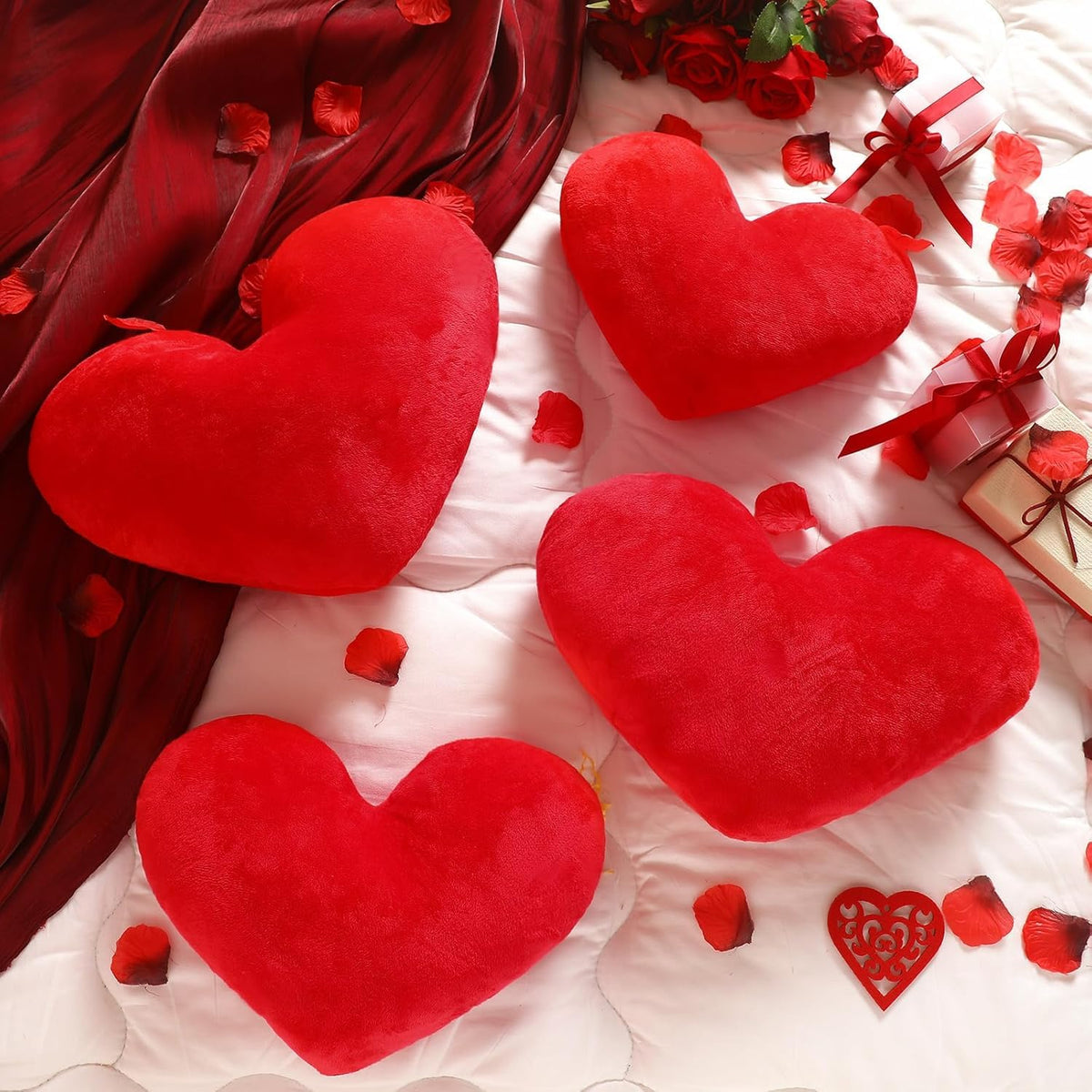 Plush Heart-Shaped Decorative Cushions, Soft Red Valentine Pillows, Red - 12 X 10 Inch | Versatile Use - For Sofa, Thoughtful Gifts For Special Occasions & Celebrations - Set Of 4