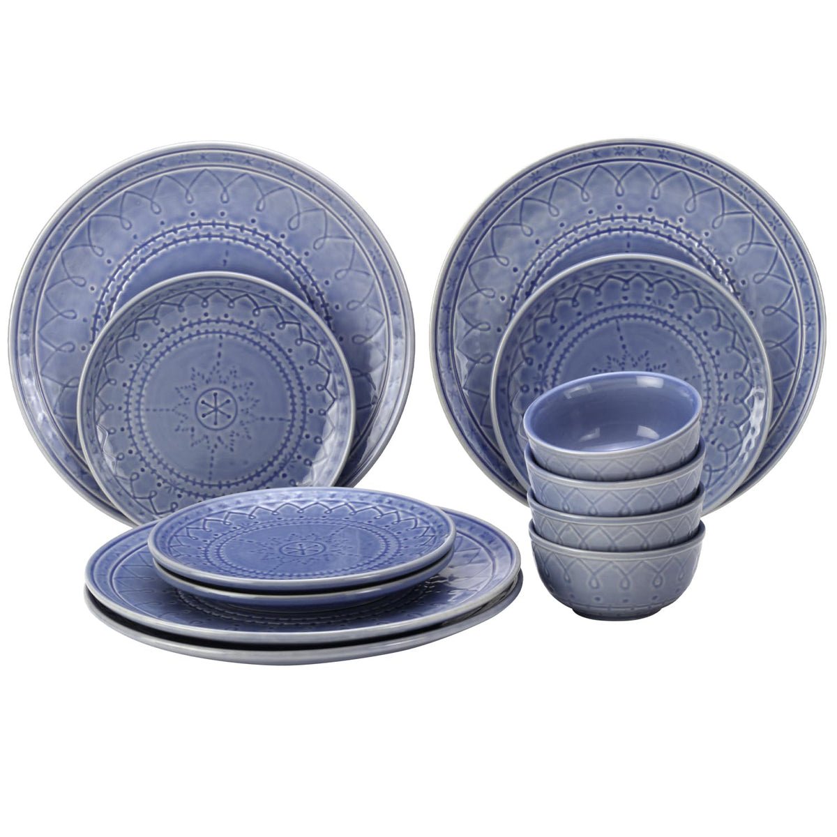 Handcrafted Stoneware Embossed Ceramic Dinner Set Of 12 Pcs - Mist Blue | 4 Dinner Plates+ 4 Small Plates+ 4 Small Dinner Bowls, 180ml Each | Microwave & Dishwasher Safe - Serving For 4