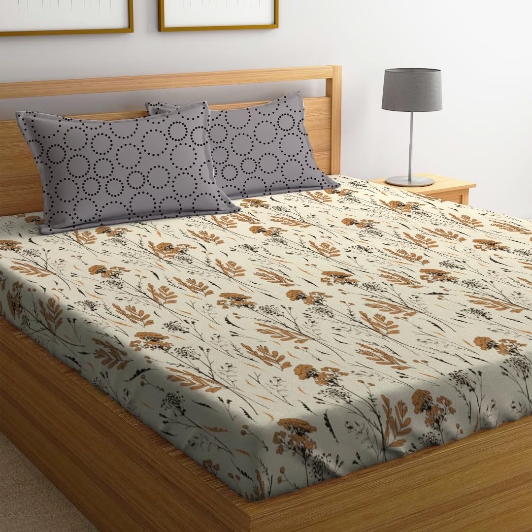 Super King Size Bedsheet For Double Bed With 2 Pillow Cover - 108 X 108 Inches, Beige & Grey | Handcrafted Using Traditional Techniques | Perfect For Gifting Anniversaries, Birthdays