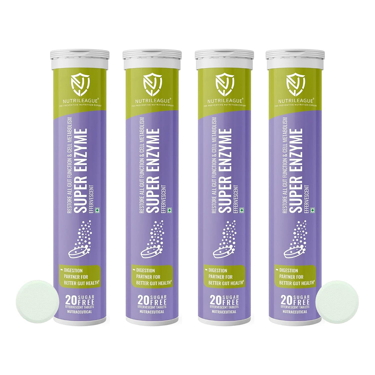 Nutrileague Super Enzyme Quick Relief Indigestion,100% Natural, Alpha Galactosidase, Lipase, Protease, Lactase Better Metabolism & Gut Health | 20 Effervescent Tablet, 100gm 0.2lbs Each Pack Of 4