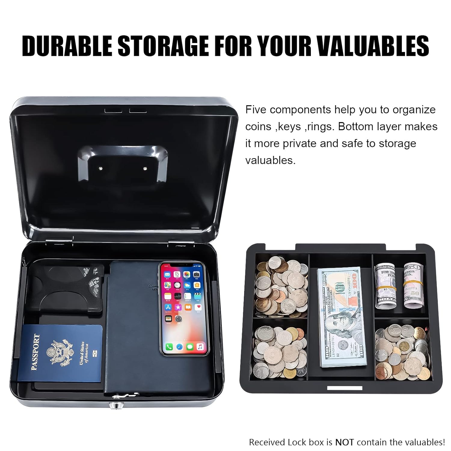 Large 12 Inch Cash Box With Note & Coin Compartments, Cash Box With Lock & Key, Money Tray Perfect Secure Storage, Colour - Black