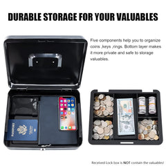 Large 12 Inch Cash Box With Note & Coin Compartments, Cash Box With Lock & Key, Money Tray Perfect Secure Storage, Colour - Black