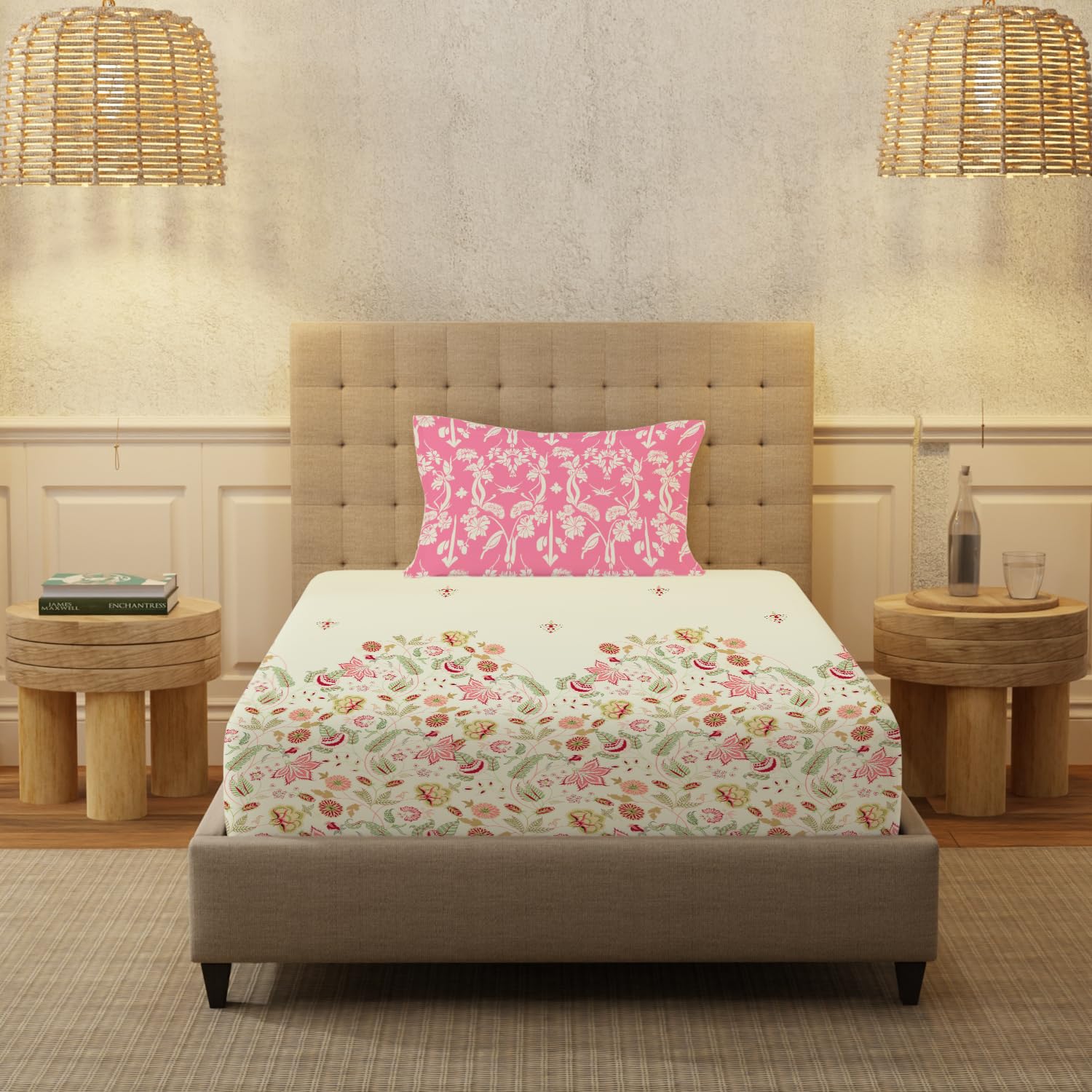100% Cotton Bedsheet For Single Bed With 1 Pillow Cover, (Size 58 X 90 Inches) Cream & Pink | Soft And Comfortable For All Season | 200 Thread Count