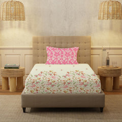 100% Cotton Bedsheet For Single Bed With 1 Pillow Cover, (Size 58 X 90 Inches) Cream & Pink | Soft And Comfortable For All Season | 200 Thread Count