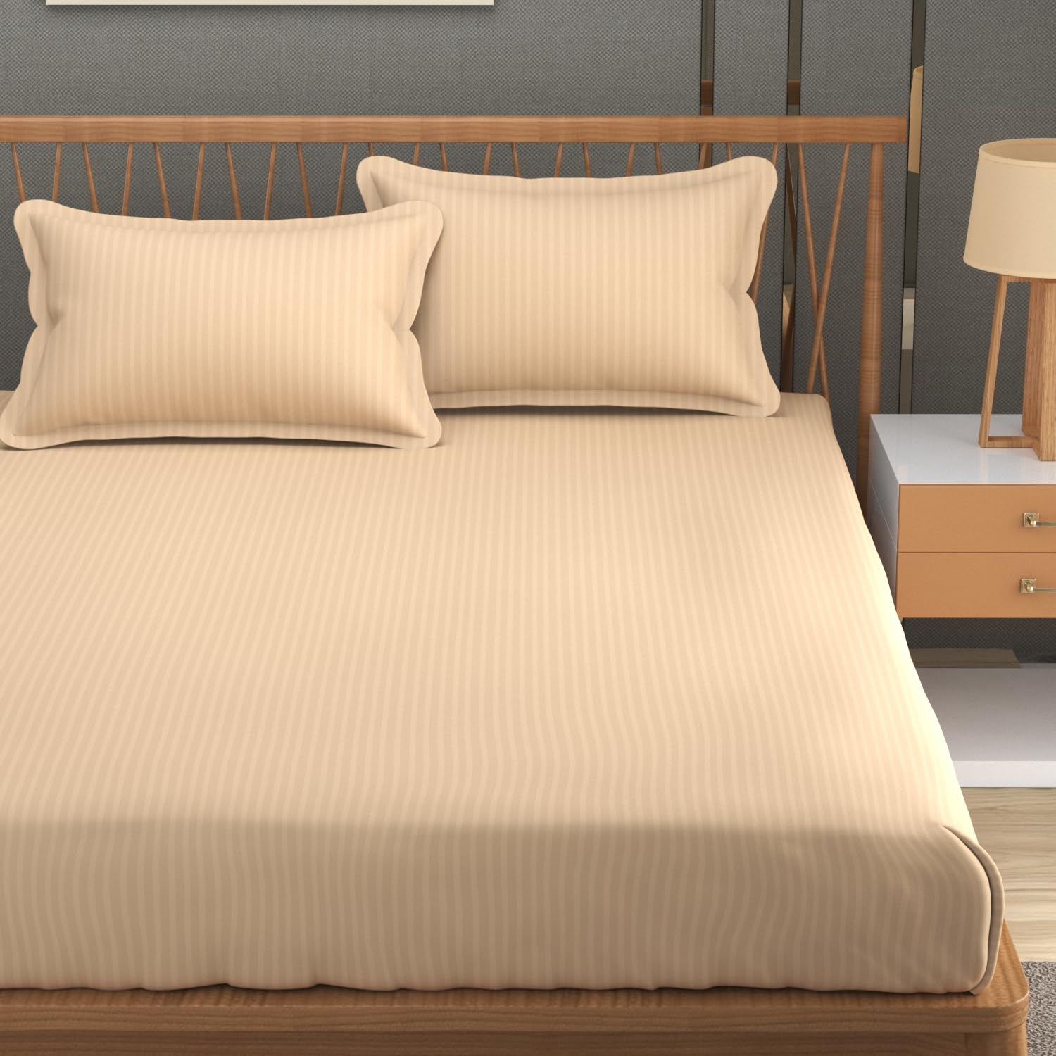 Stripe Glace Cotton 1 Double Bedsheet With 2 Pillow Cover - 91 X 90 Inches, Peach | Fade Resistant & Durable Breathable & Wrinkle Free Bed Sheet