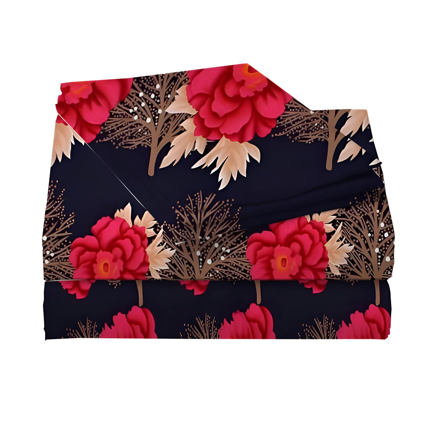Floral Printed King Size Bedsheet With 2 Matching Pillow Covers - 90 X 90 Inches, Dark Blue & Red | Durable & Long-Lasting | Naturally Soft, Breathable, & Skin-Friendly