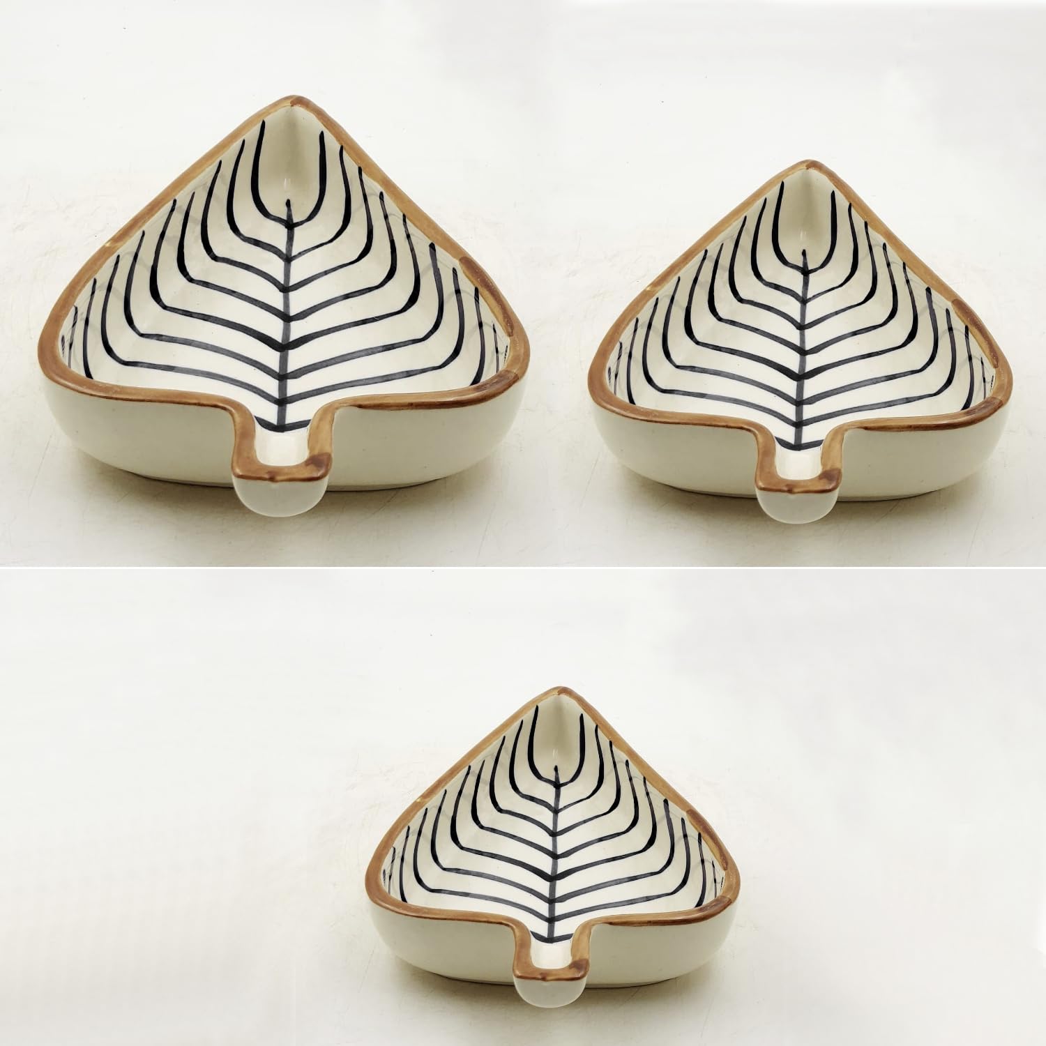 Leaf Shaped Hand Painted Ceramic Glossy Tray - Set Of 3, White, Black Lines | For Serving Cookies, Dry Fruits, Sweets & Snacks, Length – 16 Cm, 15 Cm & 12 Cm | Small Platter Set