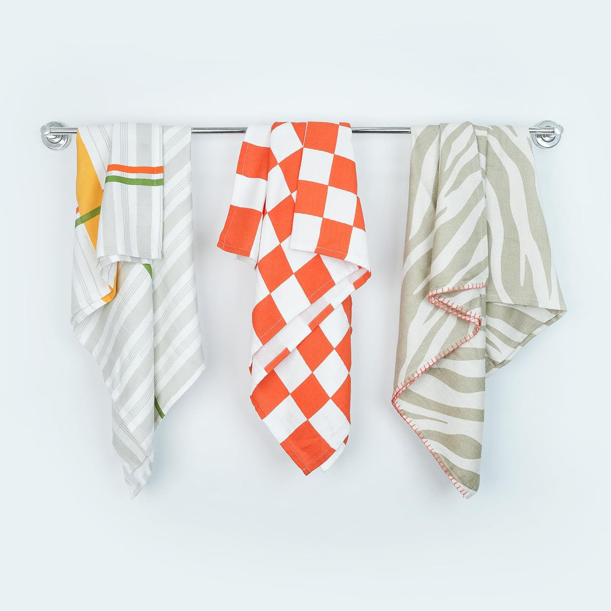 Thirsty Towel Bamboo Bath Towels 720 Gsm | Quick Dry Lightweight High Absorbent Bath Towel Large Size | Pack Of 3 (Just Stripe + Citrus Checkered & Taupe Tiger)