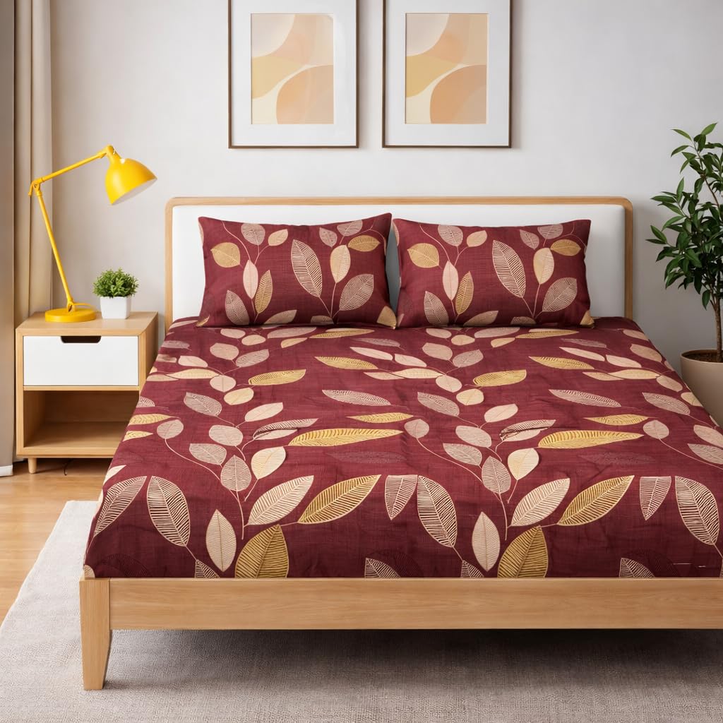 Bedsheet King Size With 2 Pillow Covers (72 X 78 Inches) Brown | Double Bed With All Around Elastic Fitted - Durable & Long Lasting Wrinkle Resistant Fabric