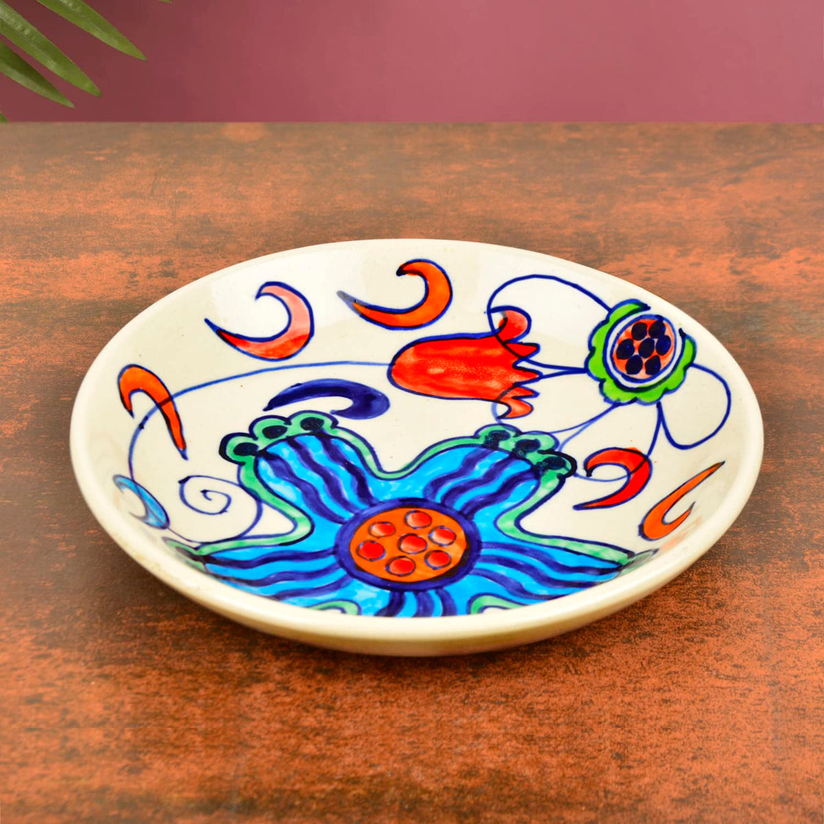 Hand Painted Chic & Sleek Ceramic Shallow Serving Bowl - 8.5 Inches, Multicolor | Salad Bowl, Pasta Serving Bowl - Snack Bowl