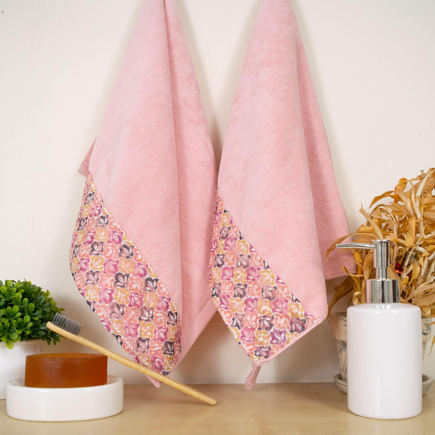 Rangoli Prima Dream 100% Cotton Lace Hand Towel 400 Gsm | Ultra Soft, Super Absorbent & Eco-Friendly Hanging Hand Towels (Light Pink) - Pack Of 2